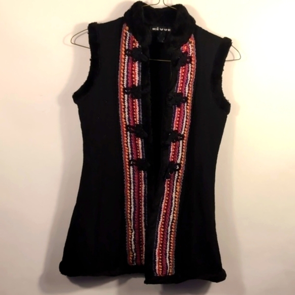 Revu Womens Boho Long Black 100% Wool Crochet Trim Vest Size Small - Picture 5 of 10